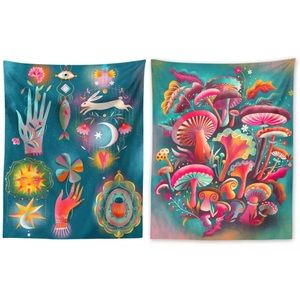 2 Cloth Tapestries bohemian mushrooms moon rabbit floral tapestry wall decor